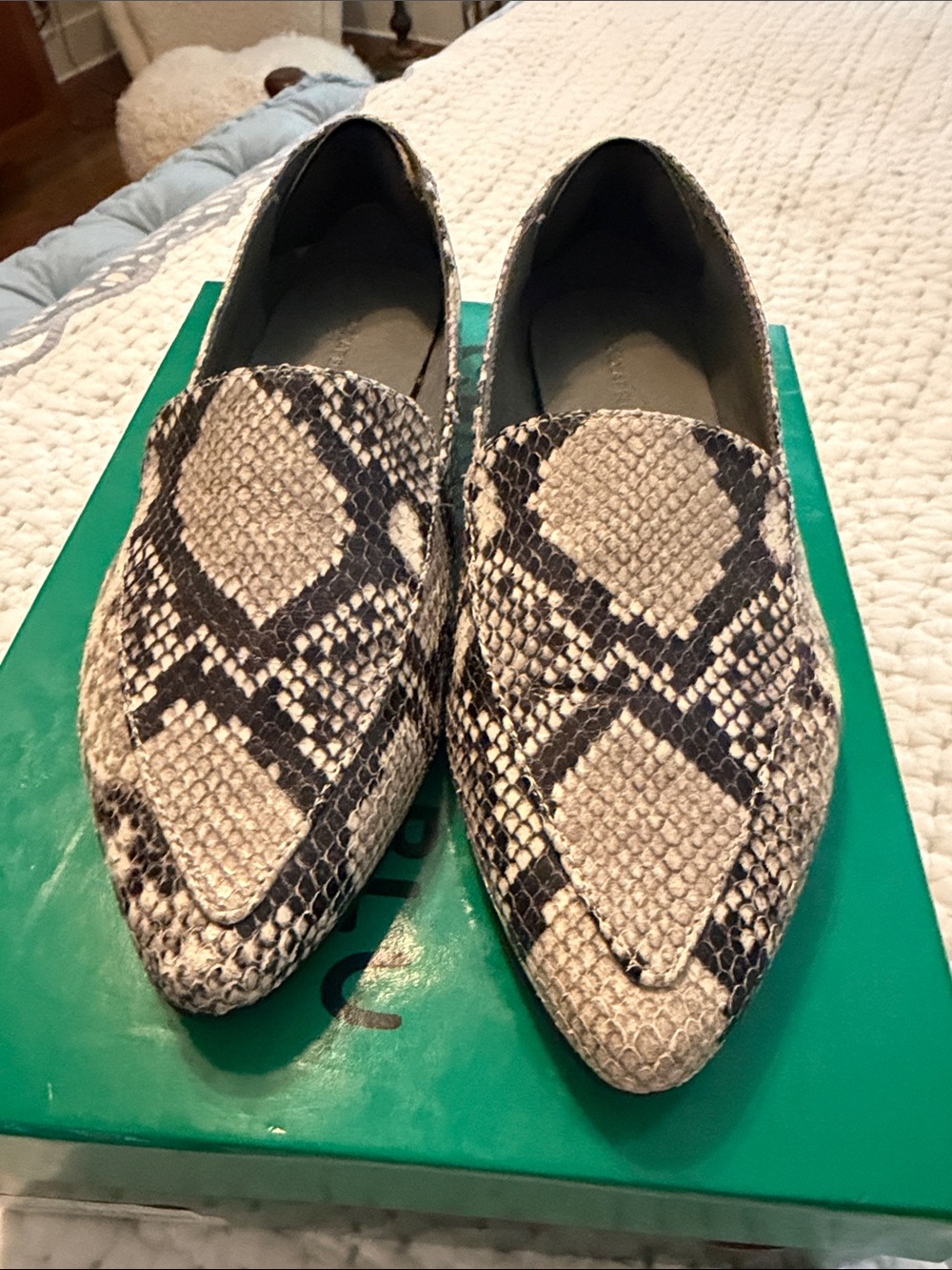 Sundance Women's Snake-Print Pointed Slip-On Loafers in Beige and Black